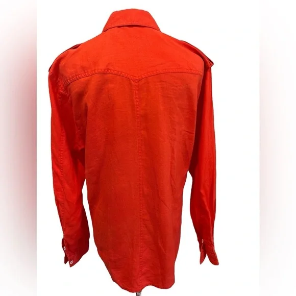 70s LIZ CLAIBORNE LINEN ORANGE SAFARI BLOUSE CASUAL LAGENLOOK WESTERN VIBE SZ S - Picture 4 of 7
